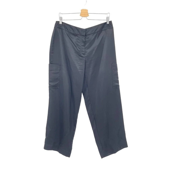 Eileen Fisher Petite Black Silk Satin‎ Cargo Pants Size Large Petite - Picture 1 of 6